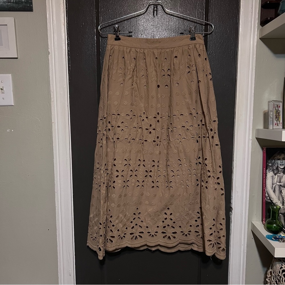 Beige Eyelet Midi Skirt